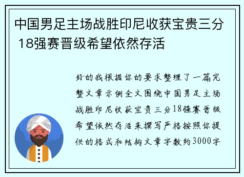 中国男足主场战胜印尼收获宝贵三分 18强赛晋级希望依然存活